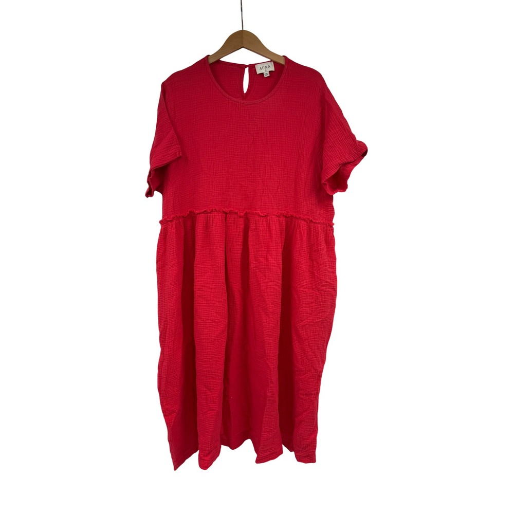 Aura Red Cotton Gauze Babydoll Midi Dress Minimalist Lagenlook Large